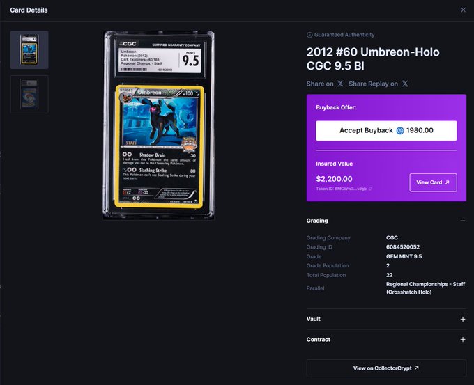 A screenshot of a card details page showing a graded 2012 Umbreon-Holo #60 Pokémon card, CGC 9.5 with a grade population of 2/22, displaying an insured value of $2,200.00 and a buyback offer of $1,980.00. The image relates to the post by showcasing the type of detailed card valuation and market data that the Rip Index bot likely provides for Pokémon TCG collectors.