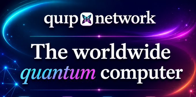 A promotional graphic for 'quip network' with the tagline 'The worldwide quantum computer' set against a cosmic, neon-lit background.