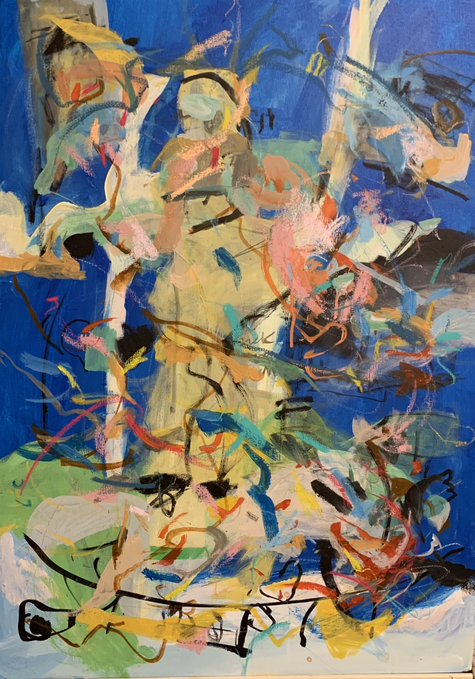 The painting depicts an abstract scene with various colors, including blue, green, yellow, pink, white, black, and orange. The artist has used a variety of brushstrokes and techniques to create this piece. The painting seems to be a representation of the roots that we carry in our lives or the things that are important to us. 
The post is about expressing gratitude for someone who has collected one edition of an artwork by @terrylknox, which means "just 3 left". It's a heartfelt message and a way to appreciate the artist's work while also acknowledging the value of their time and effort in creating this piece.