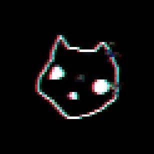 A small, pixelated black cat head with glowing white eyes set against a solid black background.