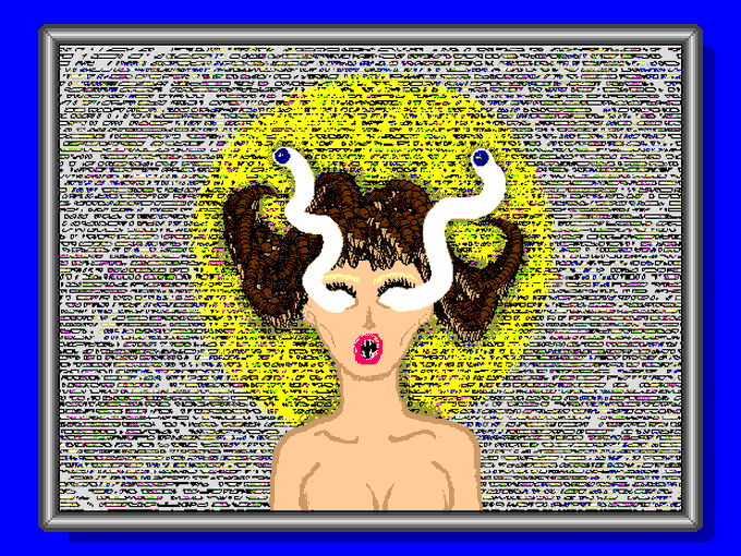 A digital artwork depicting a female figure with white snake-like antennae emerging from her head, set against a textured background of text-like patterns and a yellow halo.