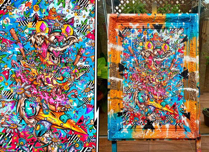 The image features a painting of a bird with a face, surrounded by various colors and patterns. It appears that the artist has used a technique called "over thinking", where multiple layers of paint are applied to create depth and complexity. The painting is displayed in two different frames - one on top of another, showcasing the intricate details and vibrant colors within the artwork.