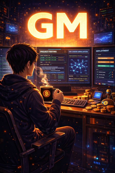 An illustration of a person working at a computer with multiple monitors displaying code and charts, with a large glowing 'GM' text above and Bitcoin-themed elements like a Bitcoin mug and gold coins on the desk.