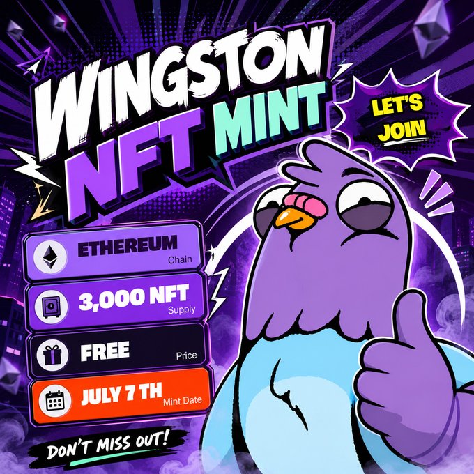 Vibrant purple NFT promotional poster for 'WINGSTON NFT MINT' featuring a cartoon purple bird character, advertising 3,000 NFT supply on Ethereum, free price, with a July 7th mint date.
