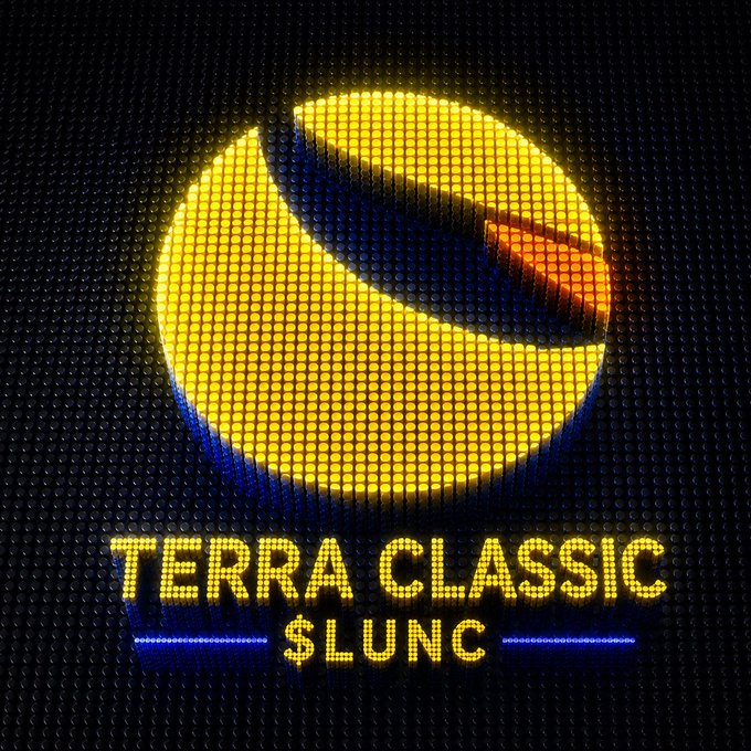 A digital art rendering shows the LUNC cryptocurrency logo—a yellow sphere with a stylized infinity or wave symbol—displayed in a glowing pixelated style against a dark dotted background, with the text "TERRA CLASSIC" and "$LUNC" beneath it.