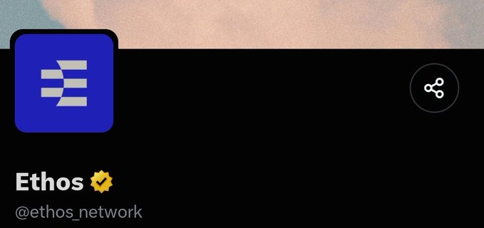 A profile header for "Ethos" (@ethos_network) displays a blue app icon with white horizontal bars alongside a share button, with the caption "next shutdown (mark it)" suggesting the user is warning others about an upcoming closure of the Ethos crypto platform.