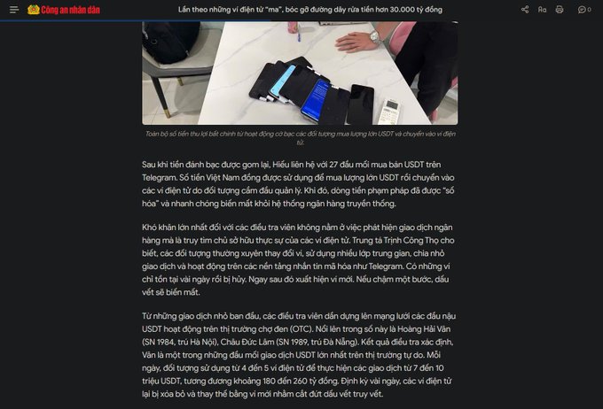 A Vietnamese news article from 'Công an nhân dân' featuring an image of seized electronic devices and discussing a Telegram-based USDT scam that defrauded victims of 30 billion VND.