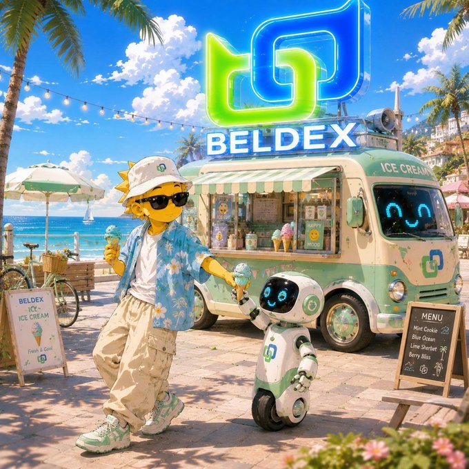 A vibrant, colorful scene showing a cartoon character in summer attire holding ice cream next to a friendly robot mascot, with a 'BELDEX' branded ice cream truck on a tropical boardwalk by the beach.