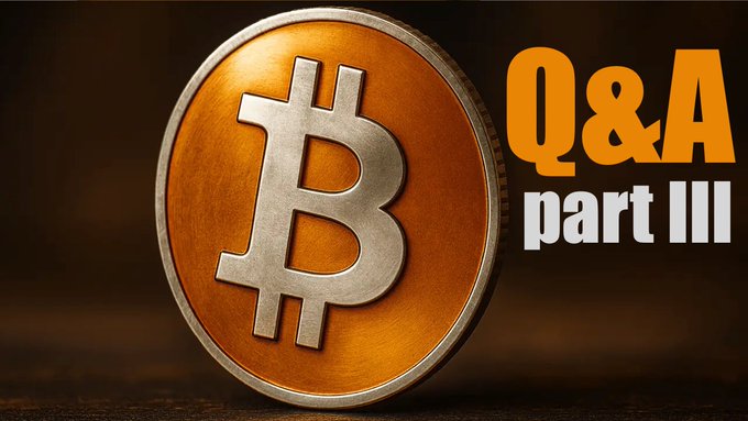 A golden Bitcoin coin is displayed next to the text 'Q&A part III' in bold orange and white lettering.