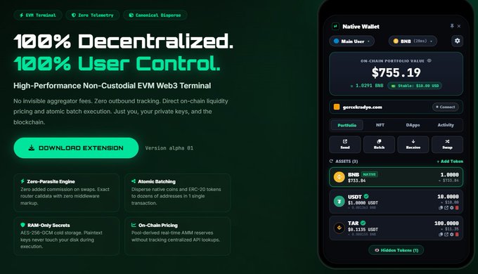 Promotional graphic for a cryptocurrency wallet/tool advertising '100% Decentralized. 100% User Control.' as a High-Performance Non-Custodial EVM Web3 Terminal, showing features like Zero-Permits Engine, Atomic Batching, and BAM-Only Security.