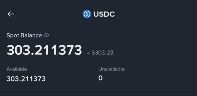 A cryptocurrency wallet interface screen displaying a USDC spot balance of 303.211373 (approximately $303.23) with all funds marked as available and 0 unavailable.