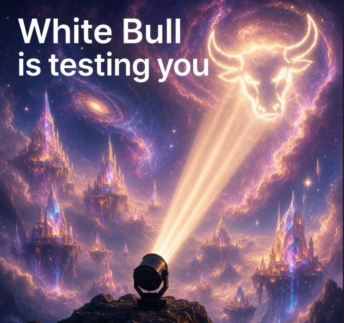 A fantasy-themed image showing a spotlight projecting beams of light into a cosmic sky with floating crystalline castles, illuminating a glowing bull's head constellation, with the text 'White Bull is testing you'.