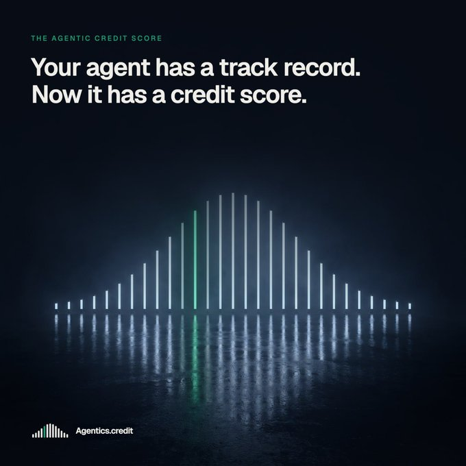 An advertisement displays the text 'THE AGENTIC CREDIT SCORE' and 'Your agent has a track record. Now it has a credit score.' above an audio waveform visualization. The branding 'Agentics.credit' appears at the bottom.