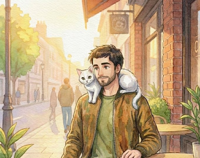 A watercolor illustration of a bearded man in a brown jacket walking down a city street with a white cat draped across his shoulders.