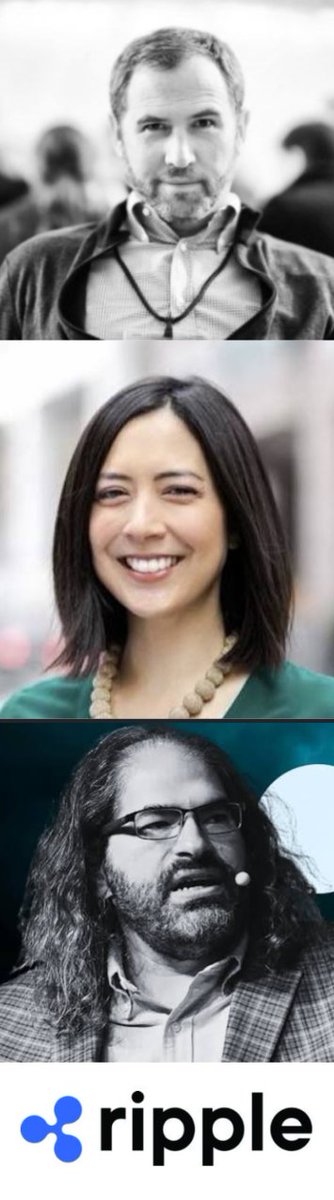 A vertical collage features three black-and-white headshots of individuals associated with Ripple, positioned above the blue Ripple logo, visually tying into the accompanying post's speculative $44.58 XRP price prediction based on historical growth rates.