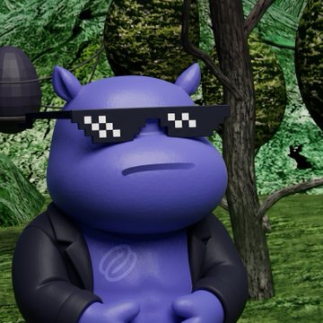 A 3D-rendered purple hippo character wearing pixelated 'thug life' sunglasses and a black jacket, standing in a forest setting.