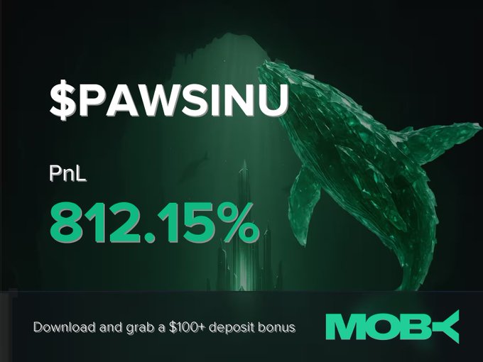 The image is a promotional graphic for the trading app Moby, featuring a green whale design and displaying "$PAWSINU" with a "PnL 812.15%" win alert, along with a call-to-action to "Download and grab a $100+ deposit bonus." The graphic visually celebrates the trader's impressive +812.15% profit on the $PAWSINU token, highlighting the app's promotional offer alongside the success story mentioned in the post.