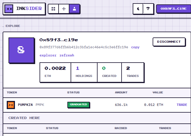 A screenshot of the INKSIDER crypto interface showing a wallet address '0x89f3_c19e' with 0.0022 ETH balance and holdings of the PUMPKIN (PMPK) token, which has graduated status with 636.1k amount valued at 0.012 ETH.