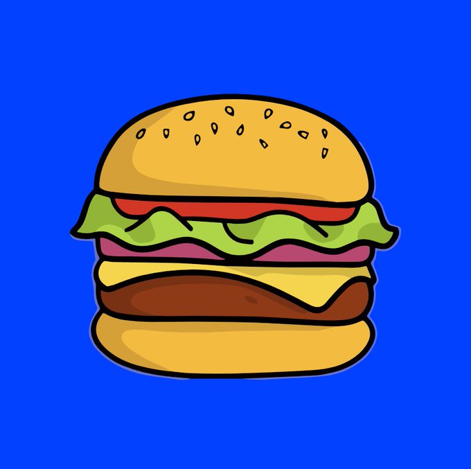 A colorful cartoon illustration of a hamburger set against a bright blue background, visually representing the $BURGERS token mentioned in the post, which highlights ongoing buybacks using trading fees and over $6,100 donated to fight hunger.