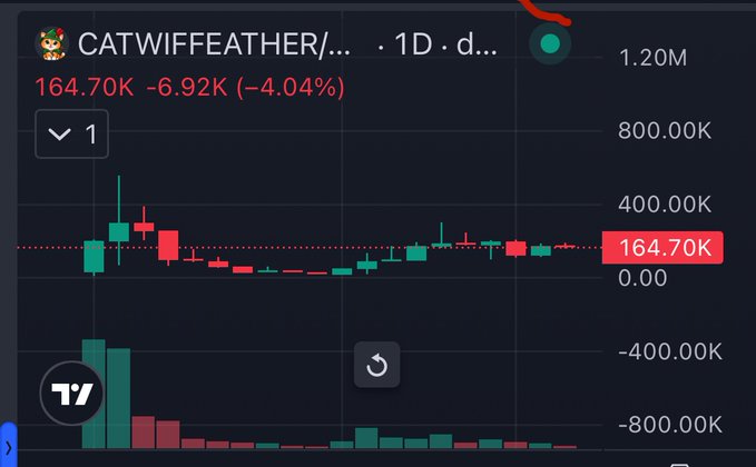 A trading chart for CATWIFFFEATHER showing a 1D price decline of -6.92K (-4.04%) to 164.70K, with notable bearish momentum and high volume at the start of the period, supporting the author's teaser of upcoming updates on the declining token.