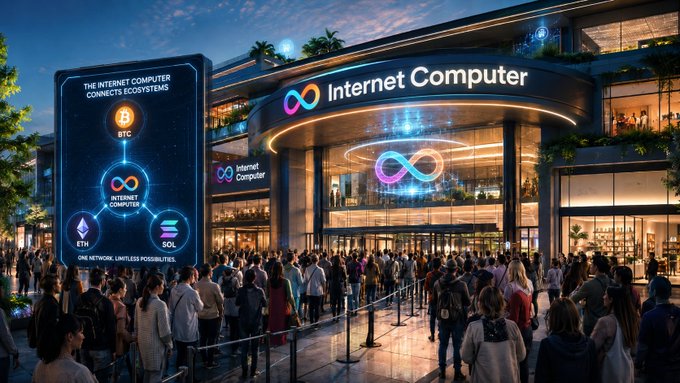 An illustrated scene of a large crowd gathered outside a modern 'Internet Computer' building at dusk, featuring an illuminated billboard displaying 'THE INTERNET COMPUTER CONNECTS ECOSYSTEMS' with BTC, ETH, and SOL icons.