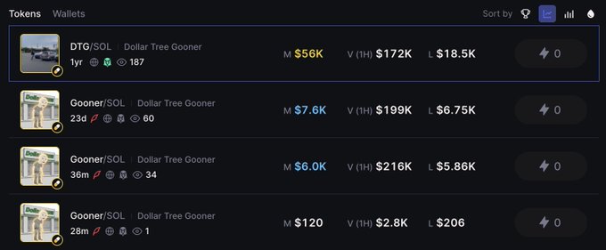 Tokens list showing four entries for Dollar Tree Gooner (DTG/SOL) with market caps ranging from $120 to $56K.