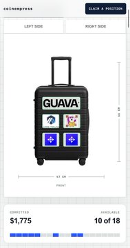 A mockup from colognepress shows a black carry-on suitcase priced at $1,775 (10 of 18 spots sold), featuring customizable slots currently displaying placeholder graphics, directly supporting the post's pitch for advertisers to have their logo/PFP featured on the luggage ahead of a Singapore trip for Token2049.