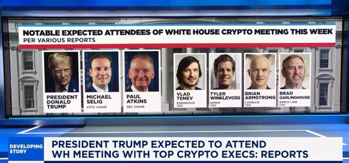 The image reports that President Donald Trump is expected to attend a White House crypto meeting with Michael Saylor, SEC Chair Paul Atkins, Vlad Tenev, Tyler Winklevoss, CFTC Chair Brian Armstrong, and Ripple CEO Brad Garlinghouse. It highlights Garlinghouse as the only executive listed representing a specific cryptocurrency ecosystem—Ripple and XRP—at the meeting.