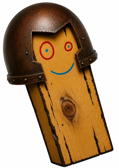 An image of the character Plank wearing a brown medieval-style metal helmet, displaying his characteristic smiling face with red circular eyes and a blue mouth.