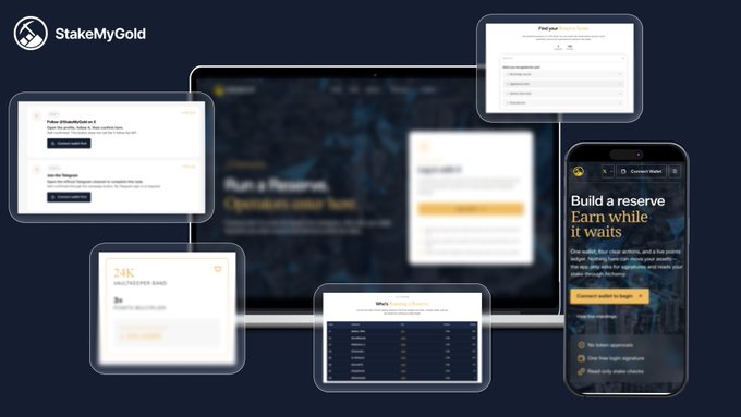 A promotional graphic for StakeMyGold showcases various platform interface mockups, including a desktop dashboard titled "Run a Reserve," mobile screens highlighting "Build a reserve. Earn while it waits," and panels displaying "24k Daily Player Rank" and "Karat Ladder (Coming in Phase 3)." The image visually previews the upcoming "Run a Reserve" feature and related tools like the Reserve Score and Karat Ladder mentioned in the announcement.