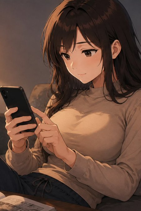 An anime-style illustration of a smiling young woman with long brown hair wearing a beige sweater while looking at her smartphone.