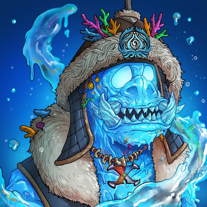 A striking digital illustration depicts a fierce, blue-skinned sea creature wearing an ornate headdress adorned with vibrant coral and a fur-lined collar, with water flowing from its tusked mouth against a deep ocean backdrop. The image visually represents a unique 1/1 NFT from the MutantsOnSol collection, embodying the APAS_X_TRIBE character from XElementia.
