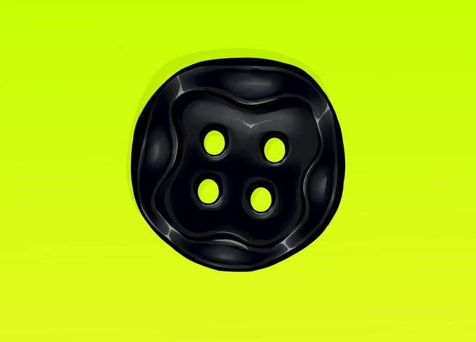 A glossy, black four-holed button is centered against a solid, bright yellow-green background.