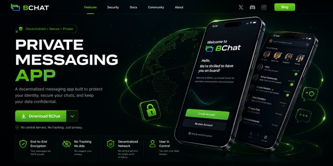 Screenshot of the BChat website homepage advertising a "PRIVATE MESSAGING APP" with features like end-to-end encryption and decentralized control, shown alongside mockups of the app interface.