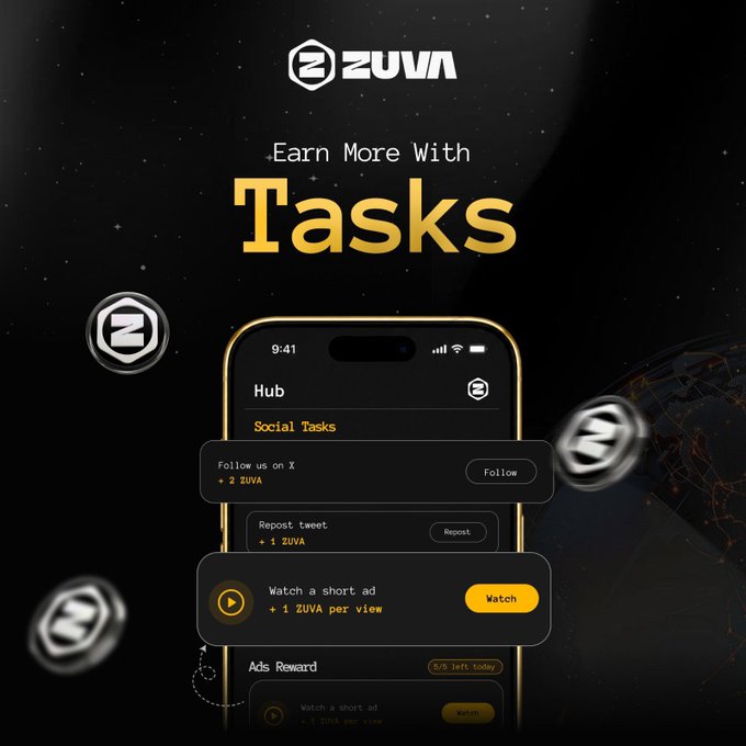 The image is a promotional graphic for ZUVA featuring the headline "Earn More With Tasks" and displaying a smartphone mockup of the ZUVA app's Hub section, which shows social tasks like "Follow us on X (+2 ZUVA)" and options to "Watch a short ad" for ZUVA rewards. Floating ZUVA coin icons and a dark cosmic background enhance the visual, directly illustrating the post's message about completing daily tasks on the ZUVA Task Hub to earn ZUVA tokens.