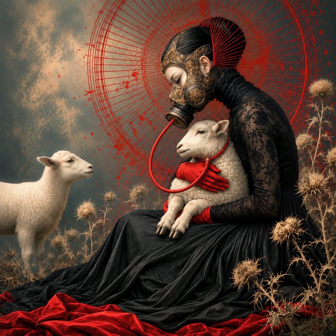 A surreal artwork featuring a figure in a black lace dress and ornate mask embracing a white lamb, surrounded by a dramatic red circular pattern and thistle plants.