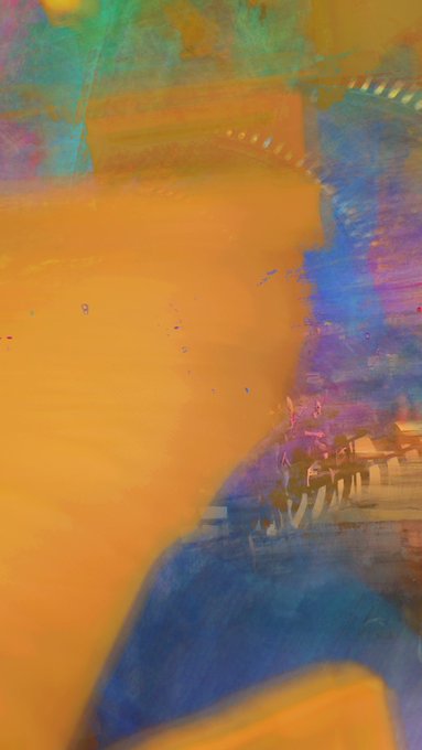 An abstract, blurry painting with vibrant orange, yellow, blue, and purple brushstrokes that suggest a figure but lack clear definition.