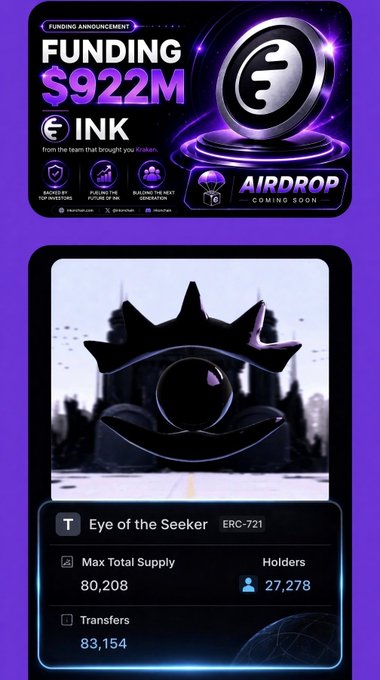 A promotional graphic announces a "$922M FUNDING" round for the $INK token, featuring an "AIRDROP COMING SOON" badge and claims of "Backed by Top Investors," "Fueled by $922M in Capital," and "Building the Next Billionaire." Below, an NFT titled "Eye of the Seeker" (ERC-721) is shown with a total supply of 80,208 and 27,278 holders, illustrating the type of ecosystem assets tied to the upcoming $INK airdrop highlighted in the post.