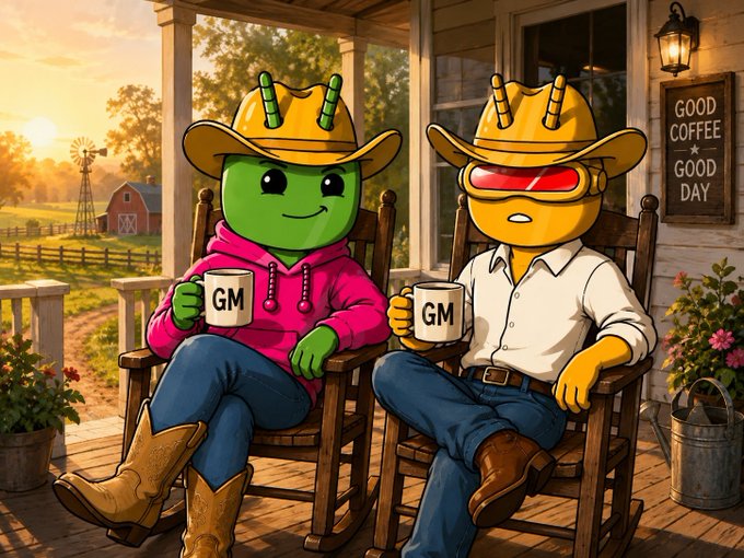 A cartoon illustration of two anthropomorphic characters—one green and one yellow—wearing cowboy hats and sunglasses, sitting in rocking chairs on a porch holding mugs labeled 'GM', with a sign reading 'GOOD COFFEE GOOD DAY'.