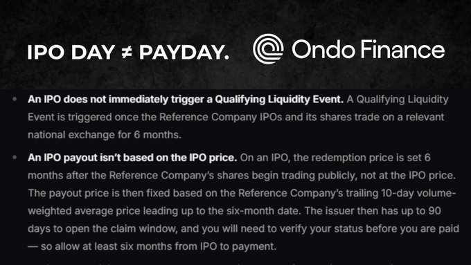 An informational slide from Ondo Finance titled 'IPO DAY ≠ PAYDAY,' explaining that an IPO payout requires six months of trading and is based on the trailing 10-day volume-weighted average price.