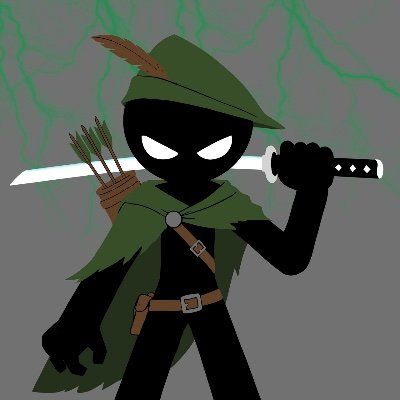 An animated character dressed as a green-clad ninja with a feathered hat holds a katana sword over his shoulder and carries a quiver of arrows on his back.