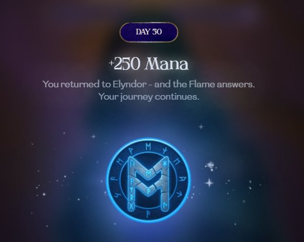 The image displays a "DAY 50" badge from RuneCraft World, showing a "+250 Mana" reward notification with the text "You returned to Elynor - and the Flame answers. Your journey continues." alongside a glowing blue magical rune symbol. This visually represents the user's milestone of reaching day 50 in the game and collecting their daily Mana reward as part of their gameplay grind.