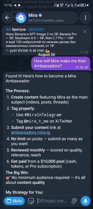 A Telegram chat screenshot showing a conversation with 'Mira' (547,214 monthly users), explaining how to become a Mira Ambassador by creating content featuring Mira, with details about a $10,000 reward pool.