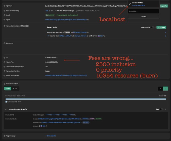 A screenshot of a Solana transaction explorer showing a successful transfer on localhost:8899 with annotations highlighting incorrect fee calculation (0.000012854 SOL with 2,500 inclusion, 0 priority, and 10,354 resource burn) and a "Fees are wrong..." message pointing to the miscalculated burn fee on a legacy transaction.