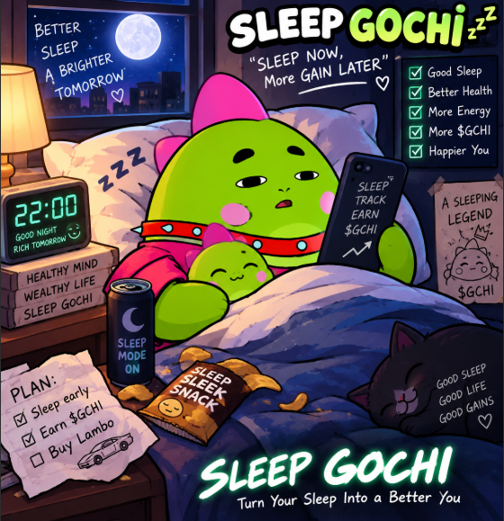 A cartoon illustration promoting "SLEEP GOCHI" featuring a green character in bed at 22:00, with text "Turn Your Sleep Into a Better You" and a checklist including "Earn $GCHI," a cat, sleep snacks, and motivational books like "HEALTHY MIND WEALTHY LIFE."