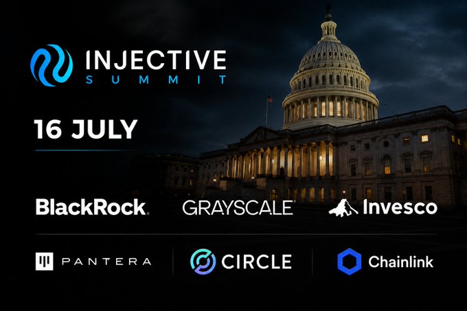 Promotional banner for the 'Injective Summit' on 16 July, featuring the U.S. Capitol building with sponsor logos including BlackRock, Grayscale, Invesco, Pantera, Circle, and Chainlink.