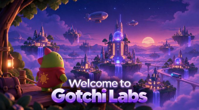 A whimsical fantasy landscape showing a small green character overlooking a magical kingdom of floating islands and castles with the text "Welcome to Gotchi Labs" displayed prominently.