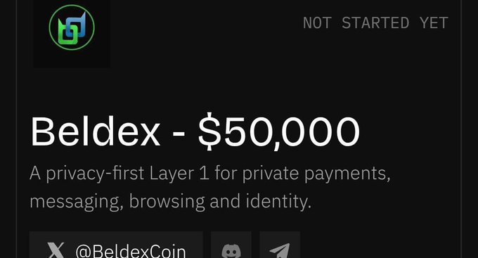 A dark-themed project listing for 'Beldex - $50,000' described as 'A privacy-first Layer 1 for private payments, messaging, browsing and identity,' with the handle @BeldexCoin.
