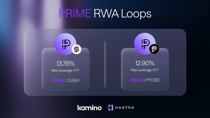 In the image, there are two purple boxes containing information about prime RWA loops. The left box displays the details of a prime leveraged exchange, offering users a maximum leverage of 8.3x across all PRIME-powered RWA loops in $20M in liquidity available. The right box showcases a separate prime leveraged exchange with a maximum leverage of 12.9% and priced at 1.99x PRIME-USD. This exchange allows users to execute an automated strategy that amplifies their yield, taking advantage of the platform's unique trading capabilities. The image emphasizes the features and advantages of these prime RWA loops for potential users who are interested in leveraging their investments across multiple exchanges.