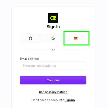 The image shows a sign-in page with options including GitHub, Google, and a MetaMask (fox icon) button highlighted in a green box, along with email and passkey alternatives. The highlighted MetaMask option connects to the post about $ETH being used everyday, as MetaMask is a popular cryptocurrency wallet used for Ethereum transactions.